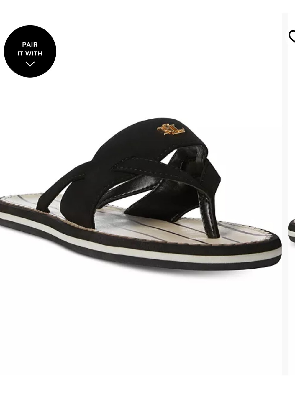 Lauren Ralph Lauren Black and Cream Striped Logo Thong Sandals - Picture 3 of 4